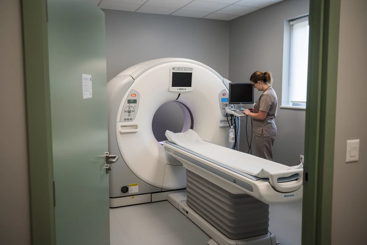 Technician adjusting equipment beside an empty MRI scanner