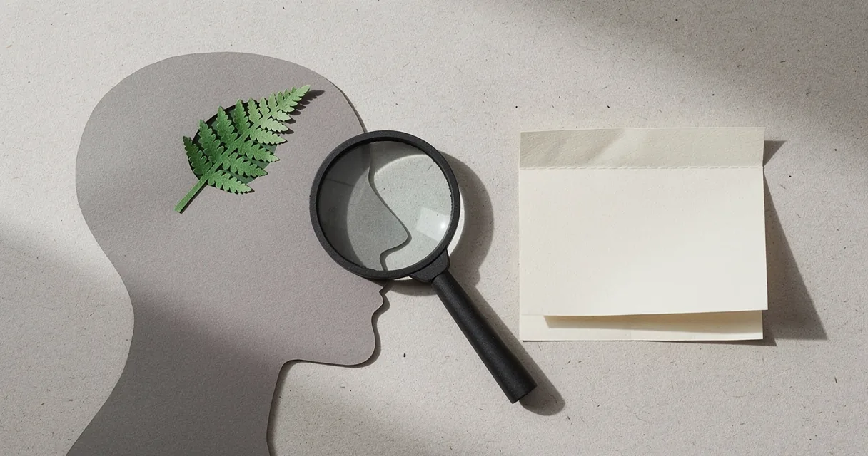 Cut-paper head profile beside a magnifier and an unmarked paper slip
