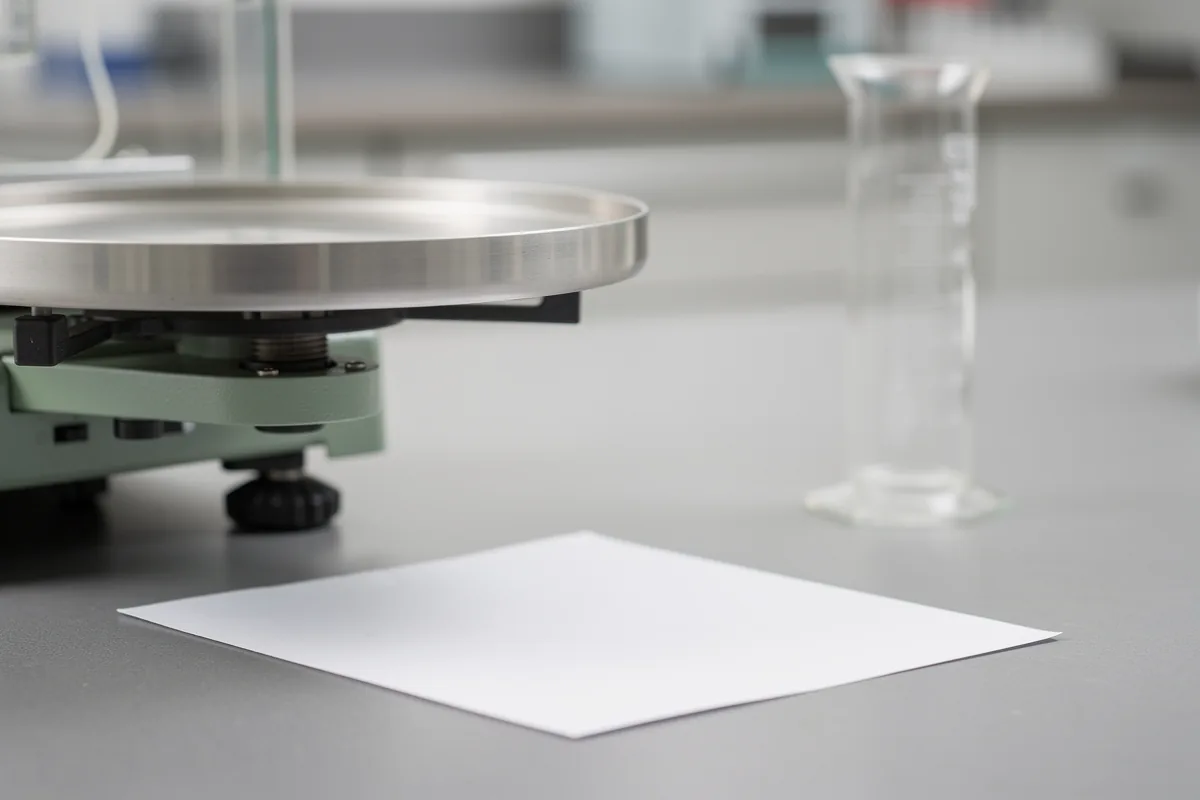 A balance pan and separate empty graduated cylinder on weighing paper