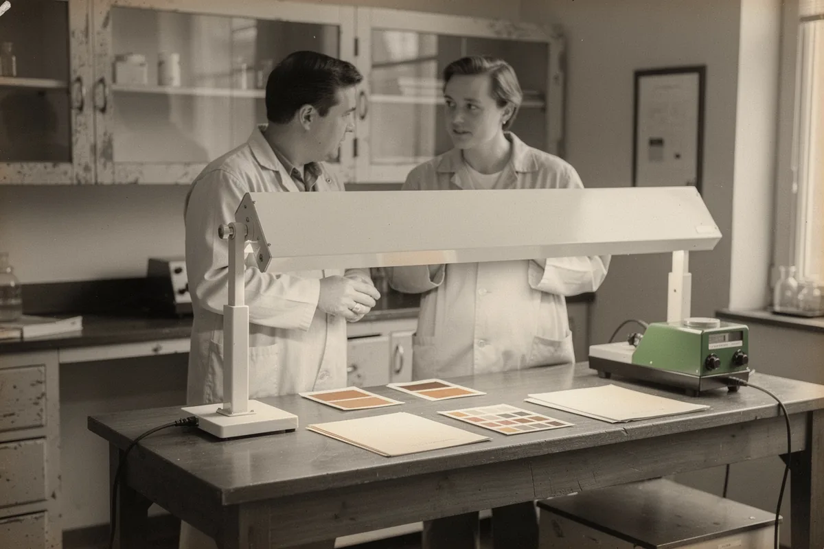 Two researchers beside a bench lamp and skin-colour swatches